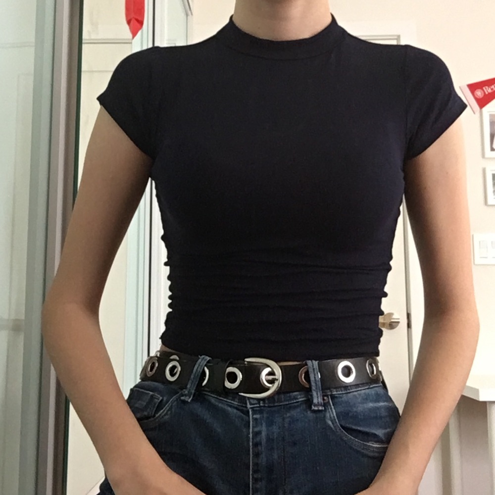 Navy Blue Mock Neck Cap Sleeve Tee